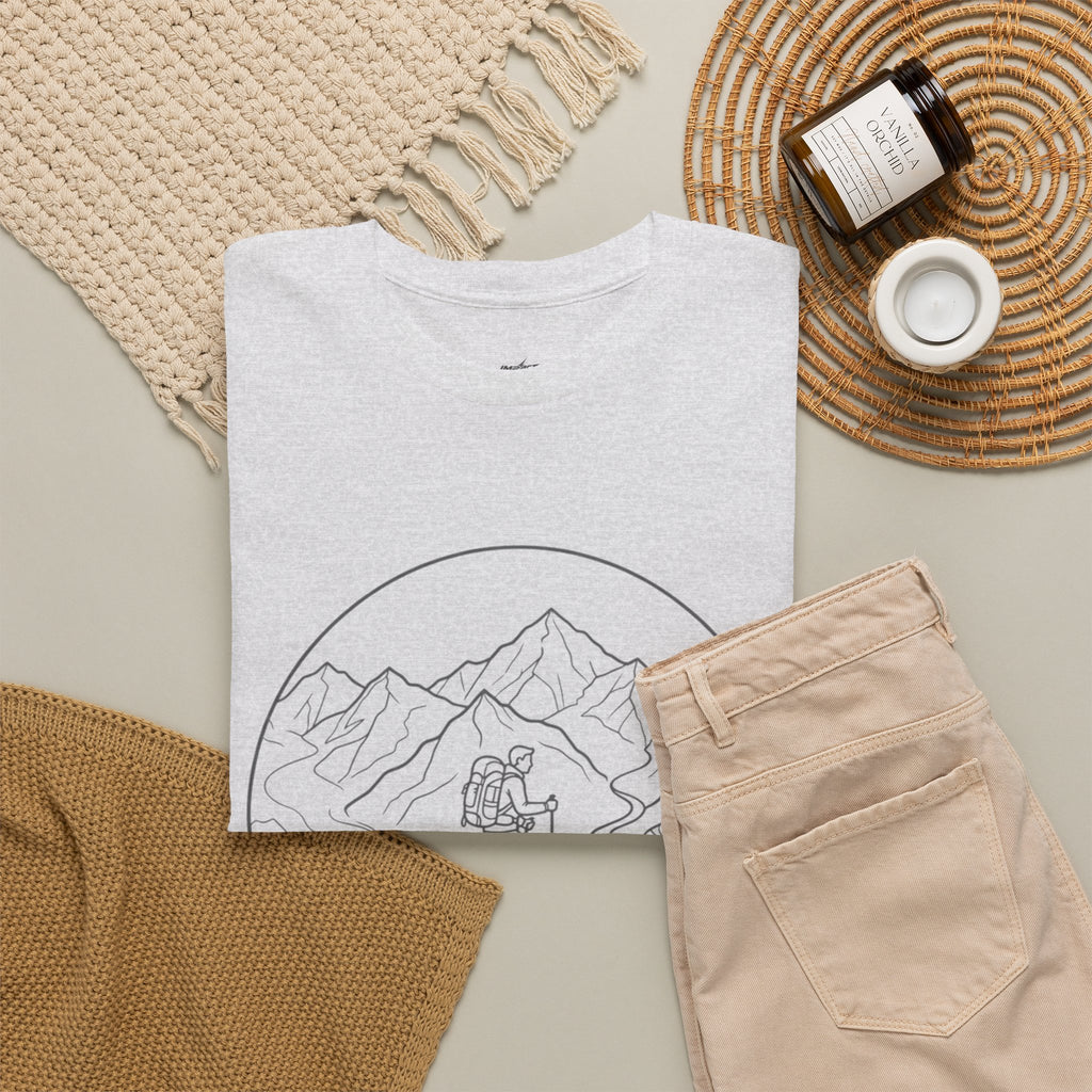 Hiker Line Art Tee — Minimal Mountain & Trail Graphic T-Shirt