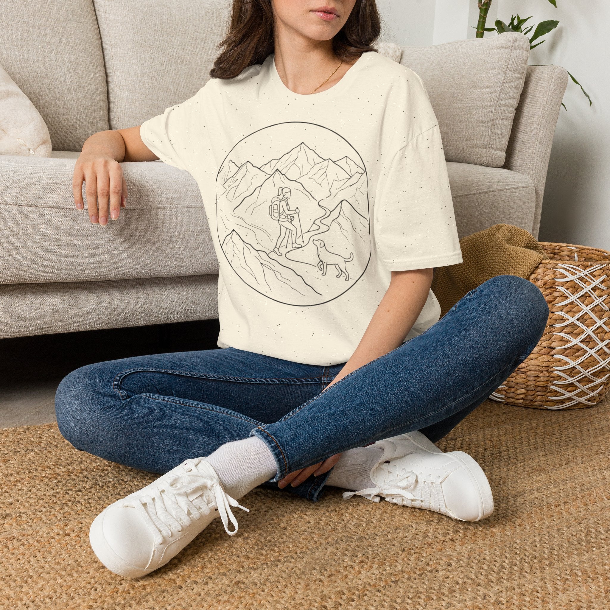 Adventure Mountain T-Shirt — Hiker & Dog Line Art