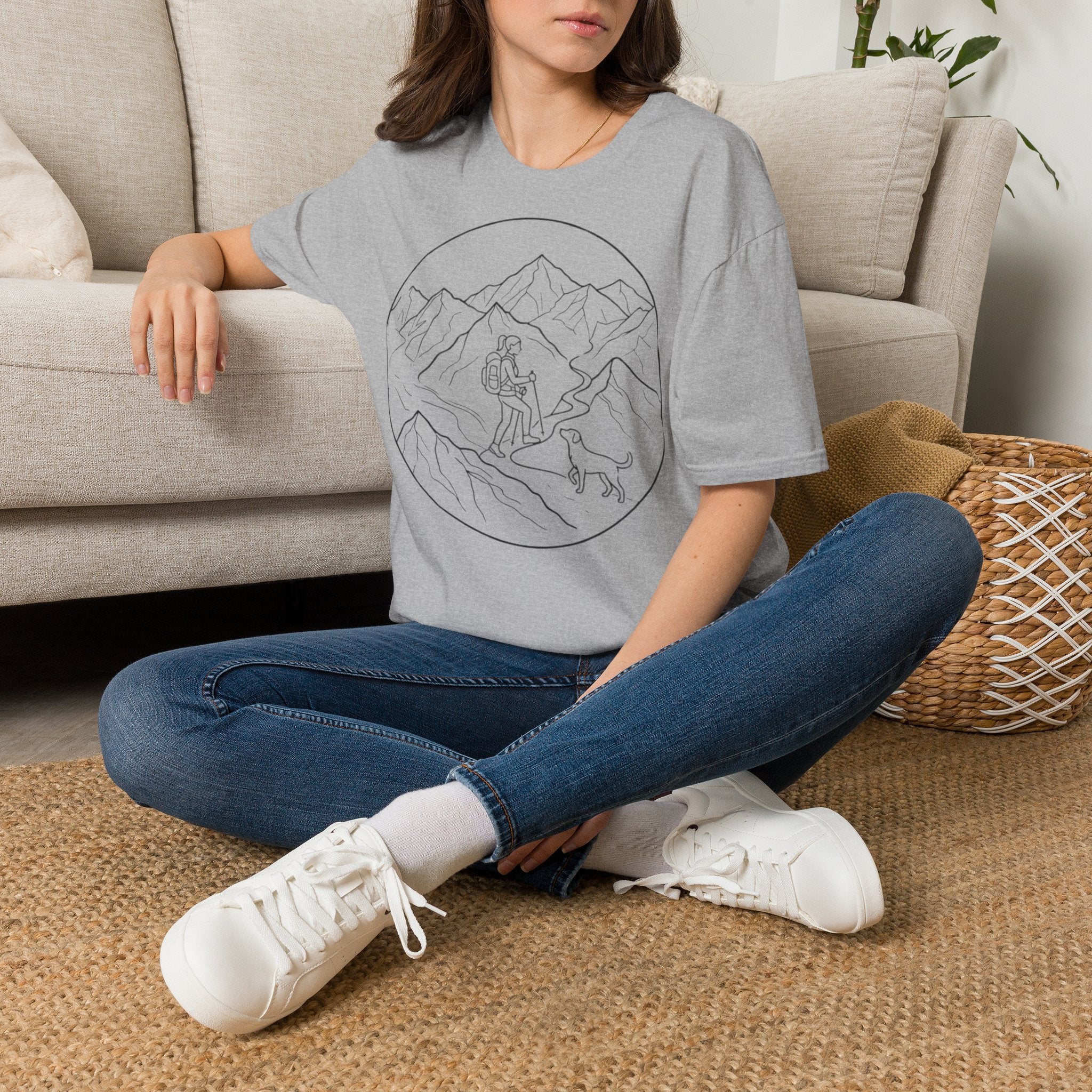 Adventure Mountain T-Shirt — Hiker & Dog Line Art