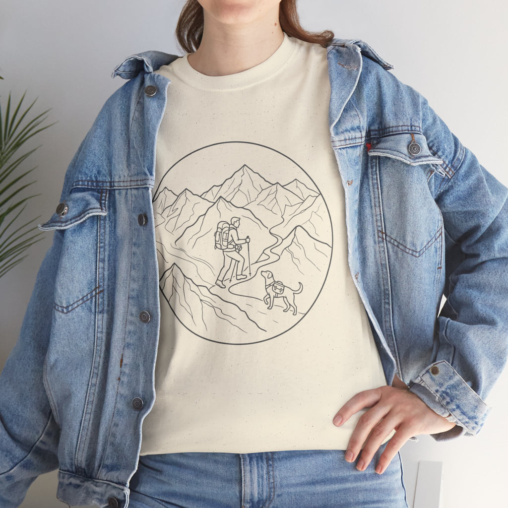 Hiker Line Art Tee — Minimal Mountain & Trail Graphic T-Shirt