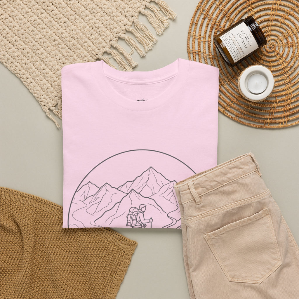 Hiker Line Art Tee — Minimal Mountain & Trail Graphic T-Shirt