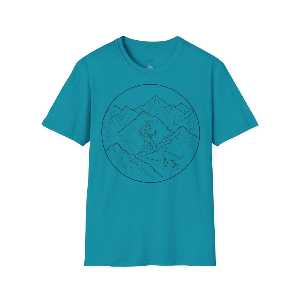 Adventure Mountain T-Shirt — Hiker & Dog Line Art
