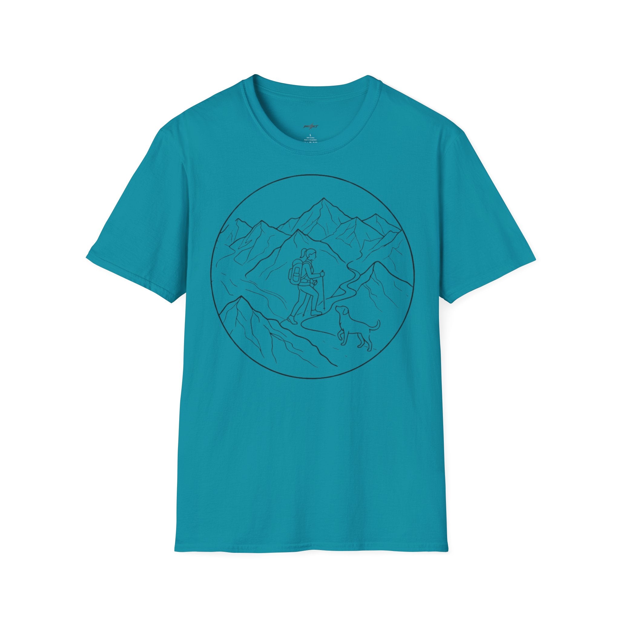 Adventure Mountain T-Shirt — Hiker & Dog Line Art