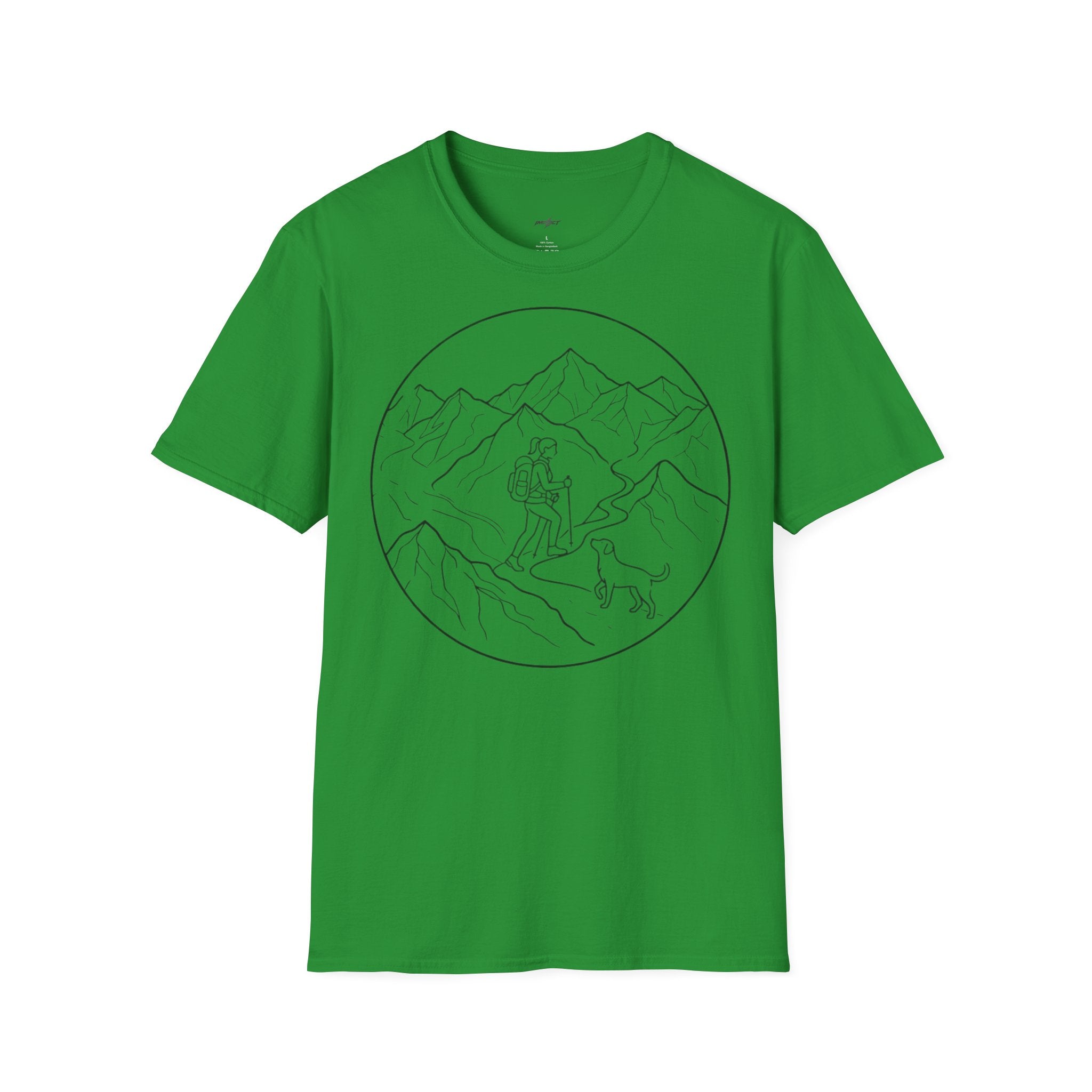 Adventure Mountain T-Shirt — Hiker & Dog Line Art