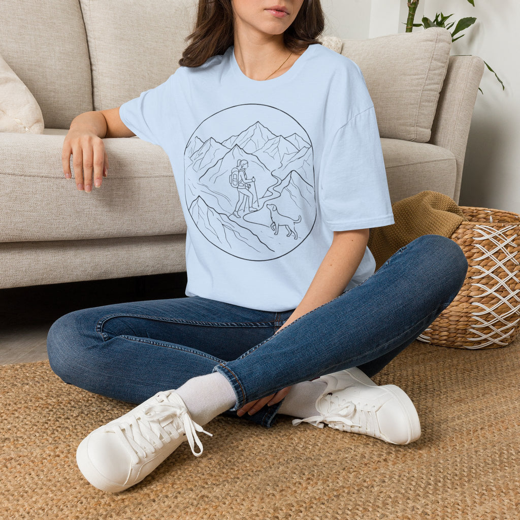 Adventure Mountain T-Shirt — Hiker & Dog Line Art
