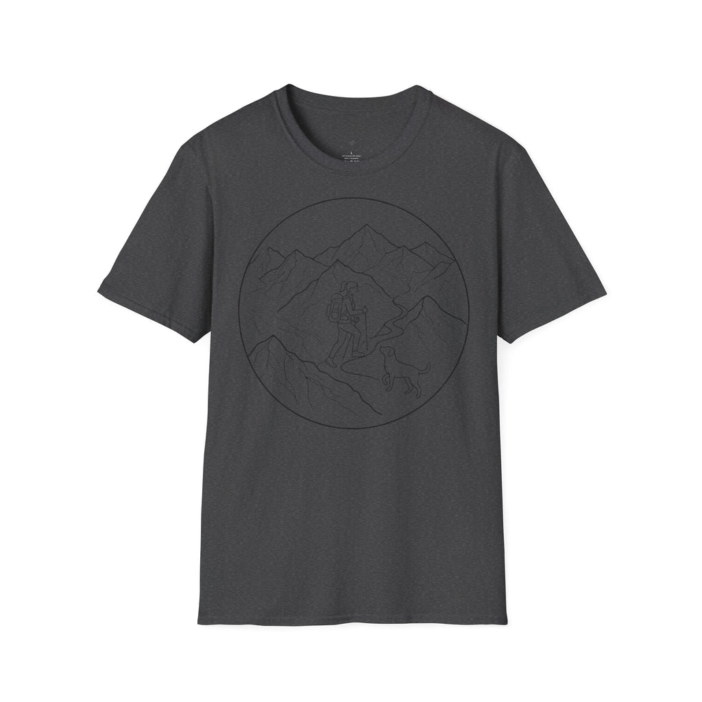 Adventure Mountain T-Shirt — Hiker & Dog Line Art