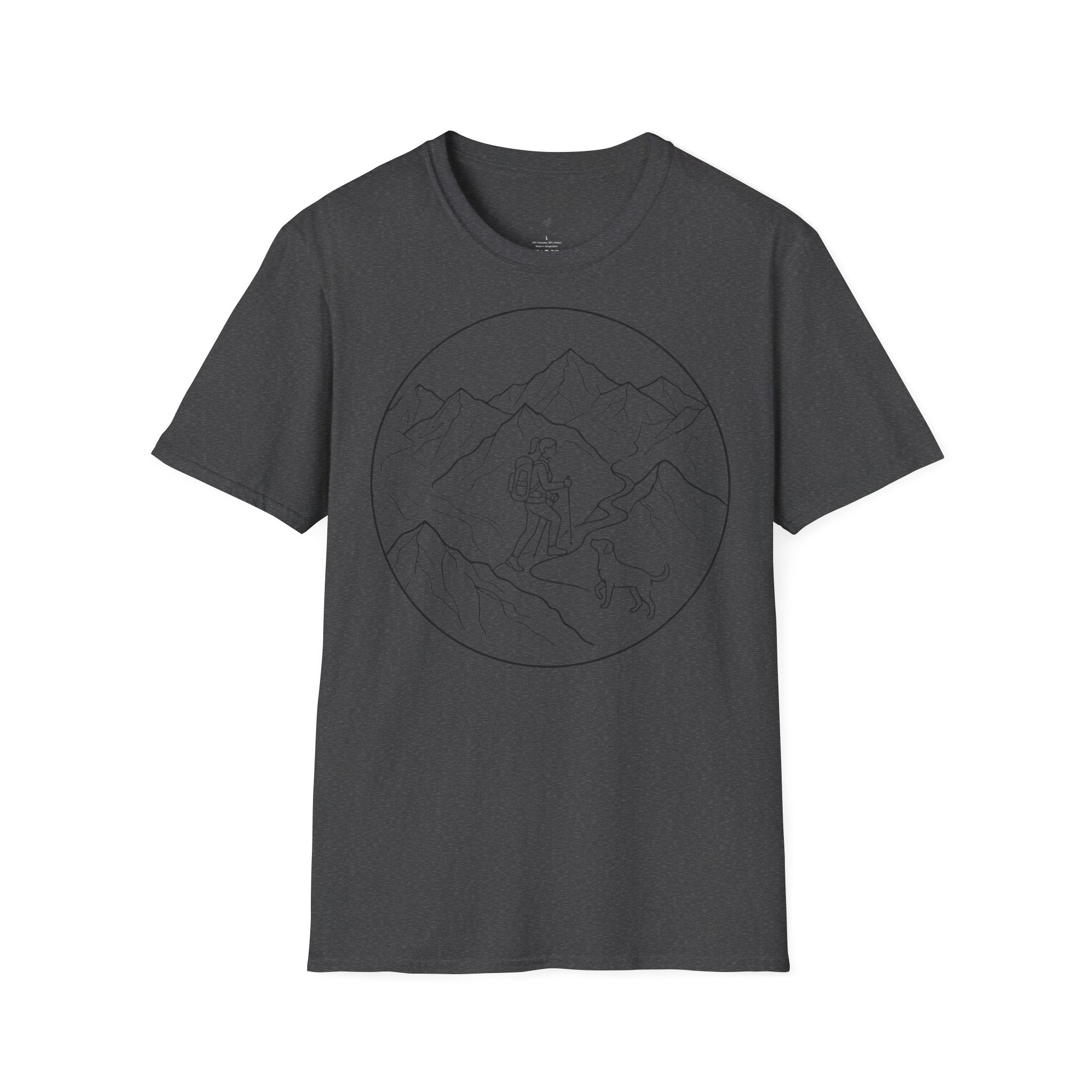 Adventure Mountain T-Shirt — Hiker & Dog Line Art