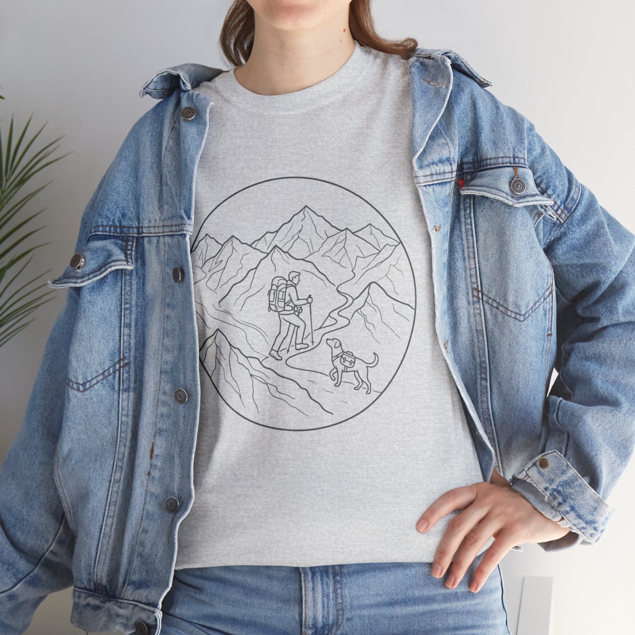 Hiker Line Art Tee — Minimal Mountain & Trail Graphic T-Shirt