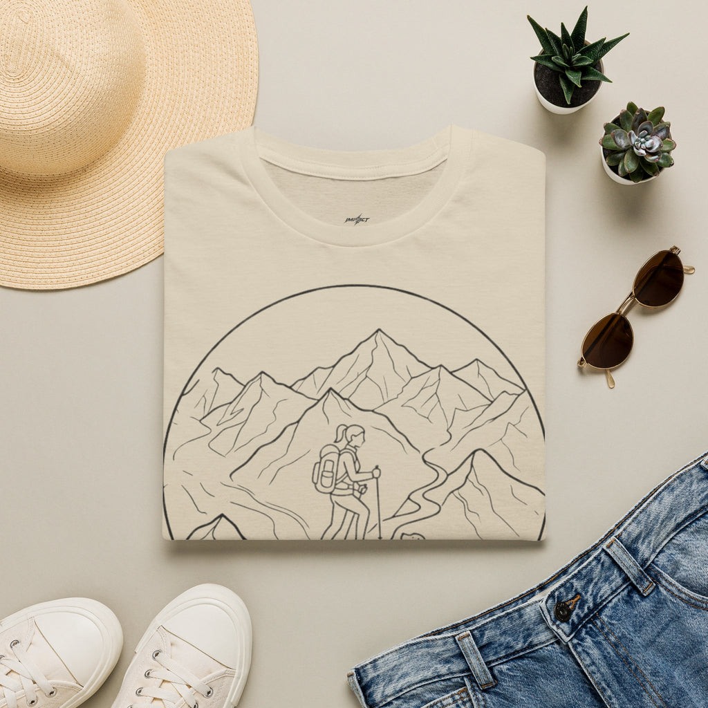 Adventure Mountain T-Shirt — Hiker & Dog Line Art