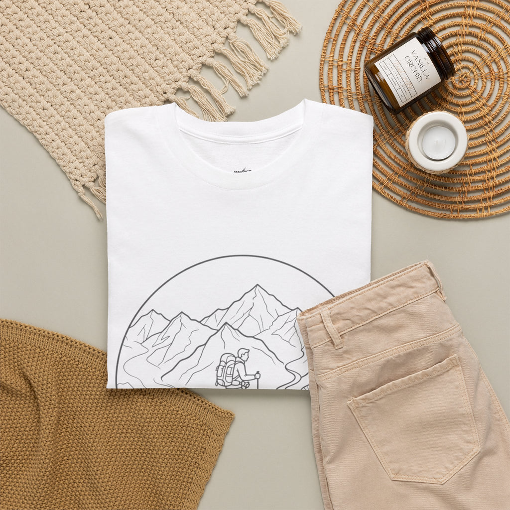 Hiker Line Art Tee — Minimal Mountain & Trail Graphic T-Shirt