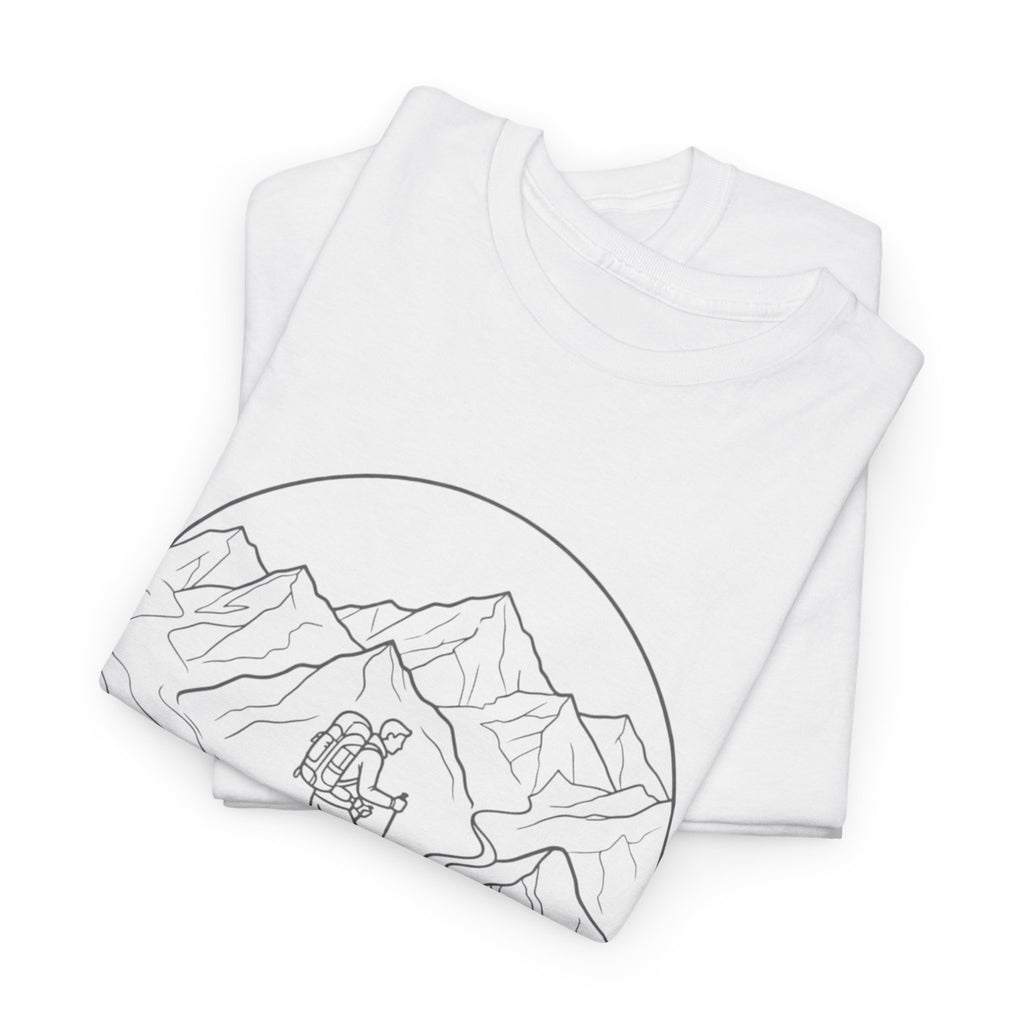 Hiker Line Art Tee — Minimal Mountain & Trail Graphic T-Shirt