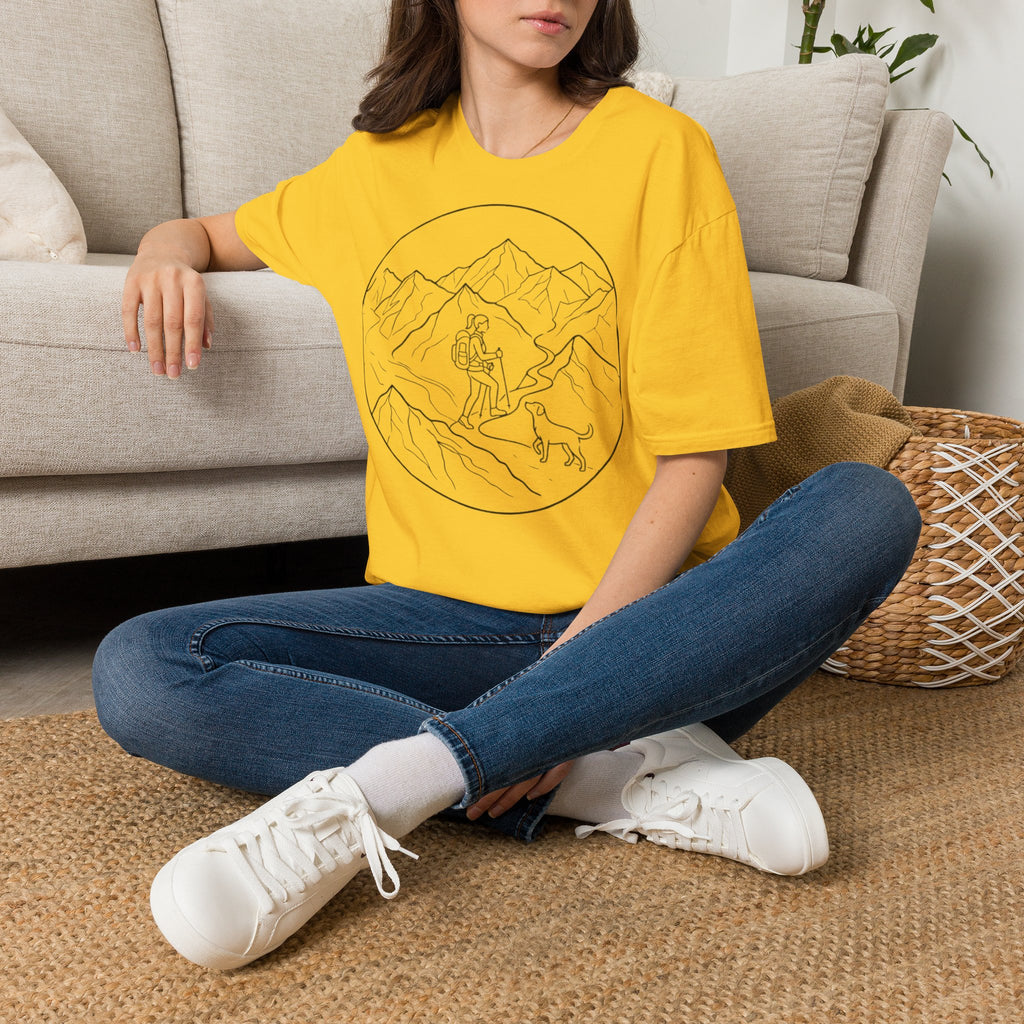 Adventure Mountain T-Shirt — Hiker & Dog Line Art