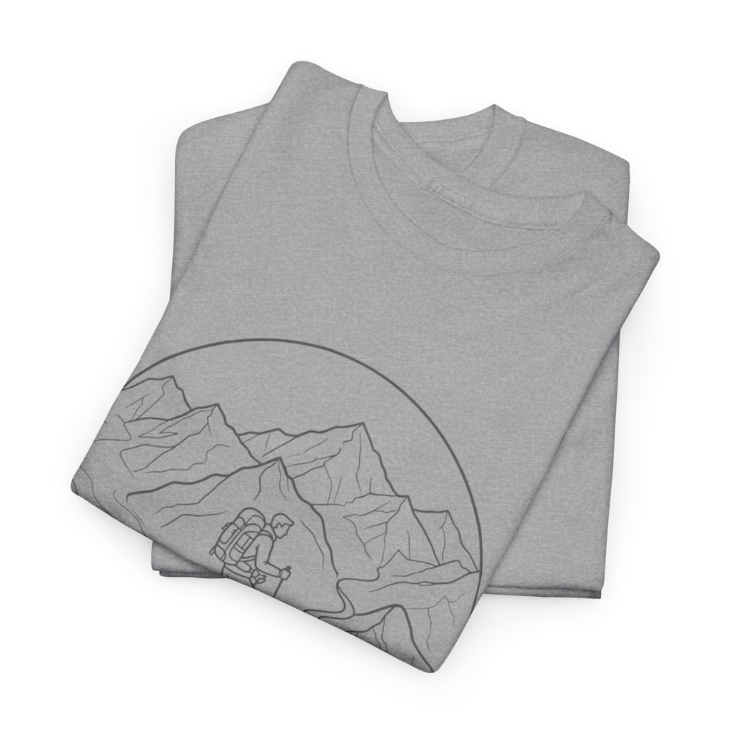 Hiker Line Art Tee — Minimal Mountain & Trail Graphic T-Shirt