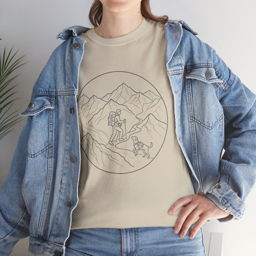 Hiker Line Art Tee — Minimal Mountain & Trail Graphic T-Shirt