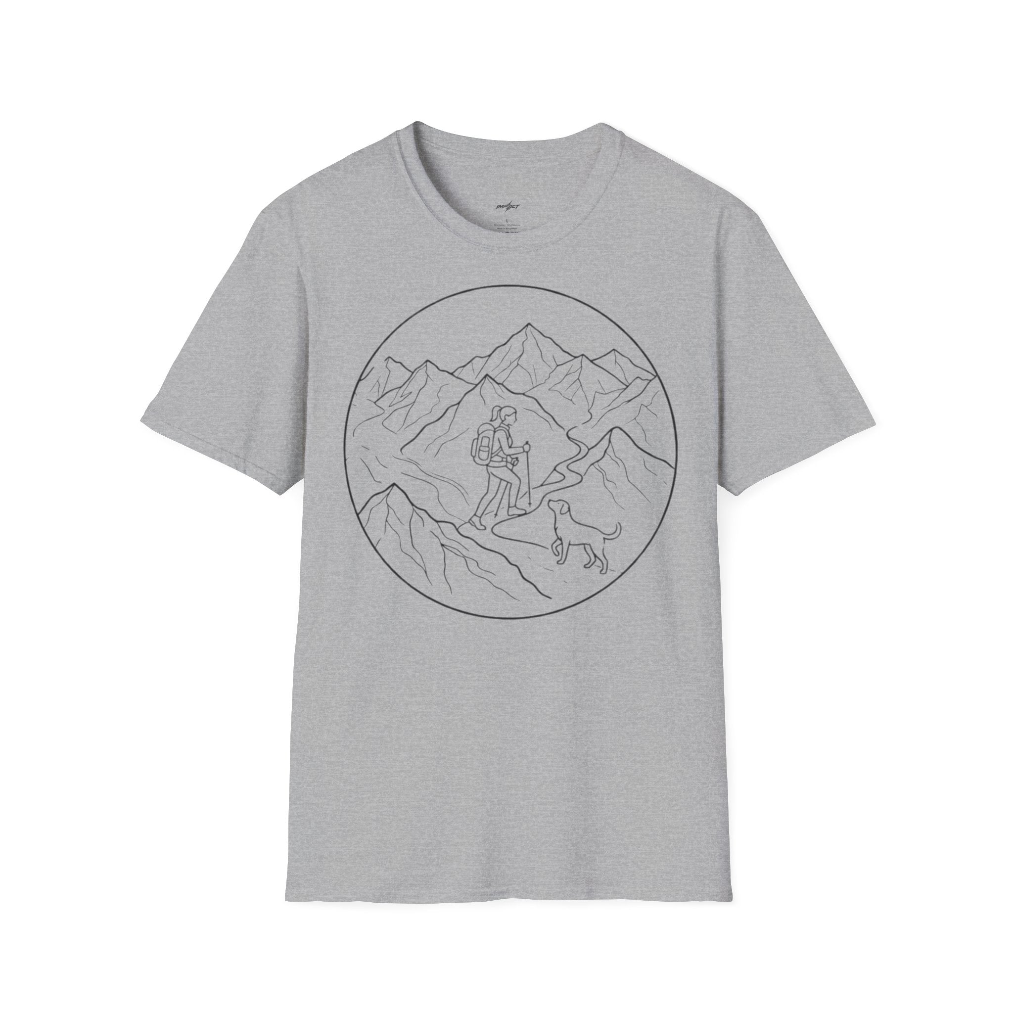 Adventure Mountain T-Shirt — Hiker & Dog Line Art