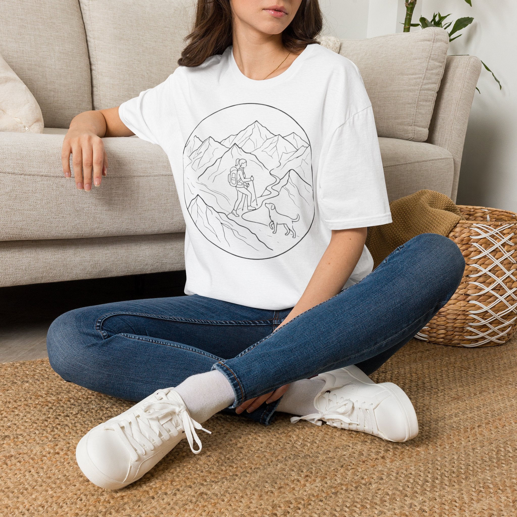 Adventure Mountain T-Shirt — Hiker & Dog Line Art