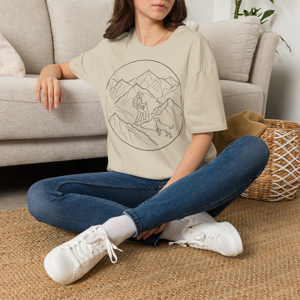 Adventure Mountain T-Shirt — Hiker & Dog Line Art