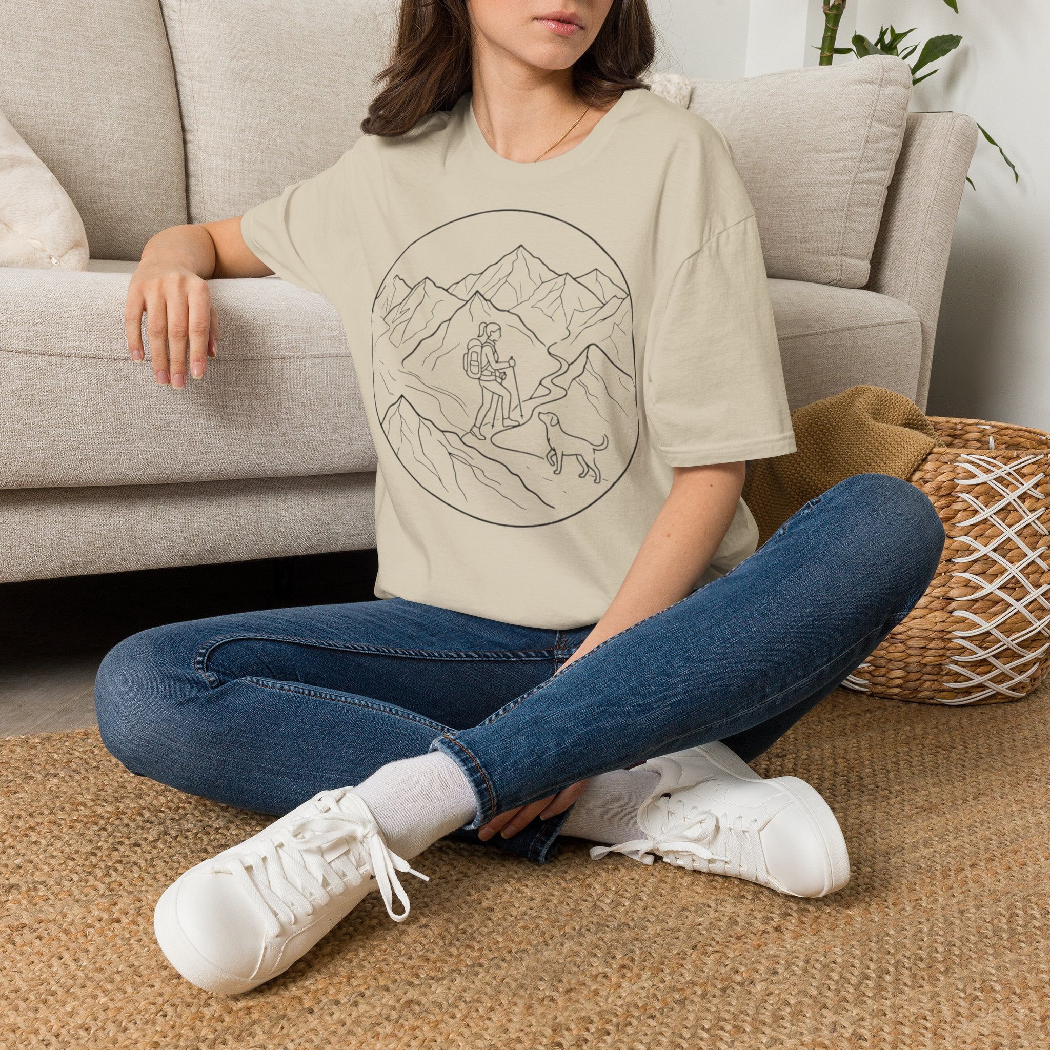 Adventure Mountain T-Shirt — Hiker & Dog Line Art