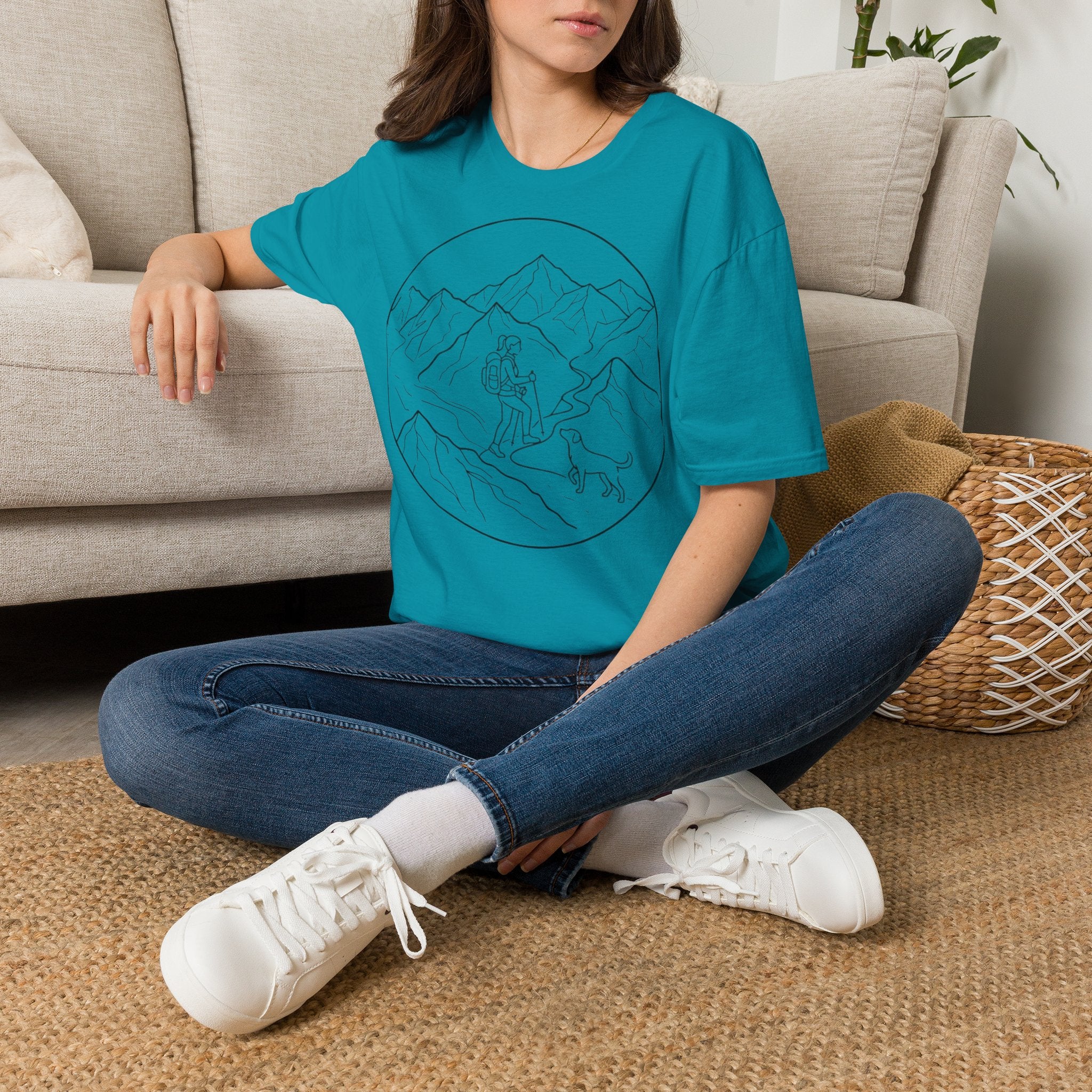 Adventure Mountain T-Shirt — Hiker & Dog Line Art