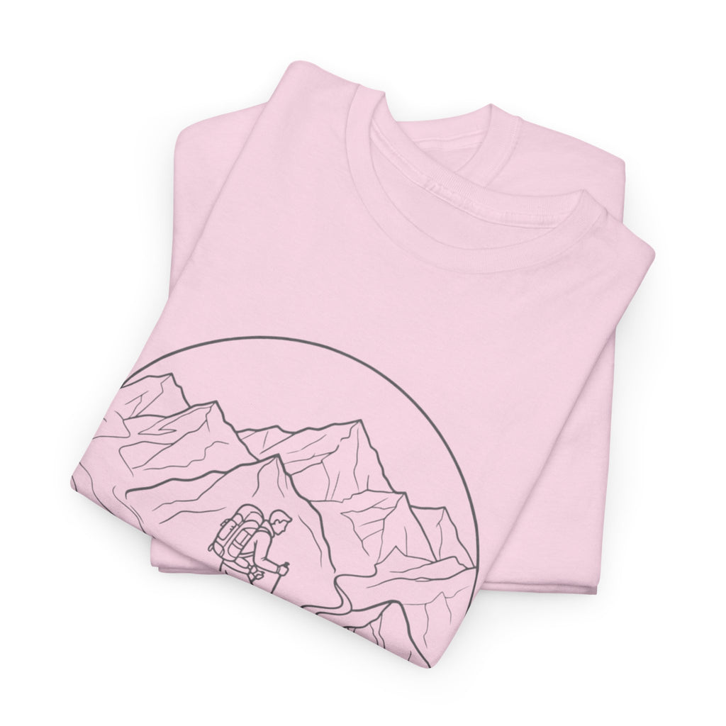 Hiker Line Art Tee — Minimal Mountain & Trail Graphic T-Shirt