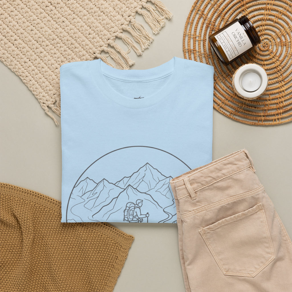 Hiker Line Art Tee — Minimal Mountain & Trail Graphic T-Shirt