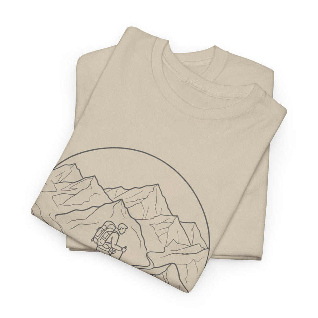Hiker Line Art Tee — Minimal Mountain & Trail Graphic T-Shirt