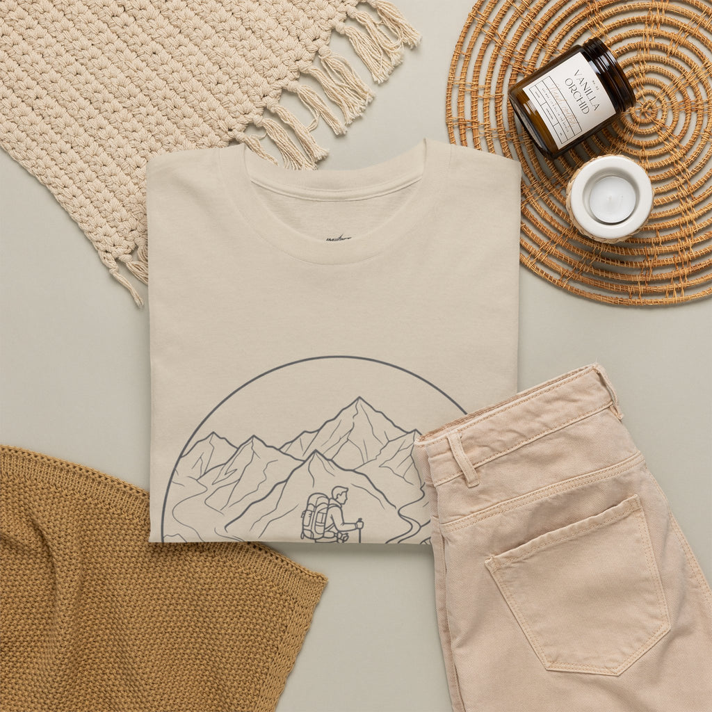 Hiker Line Art Tee — Minimal Mountain & Trail Graphic T-Shirt