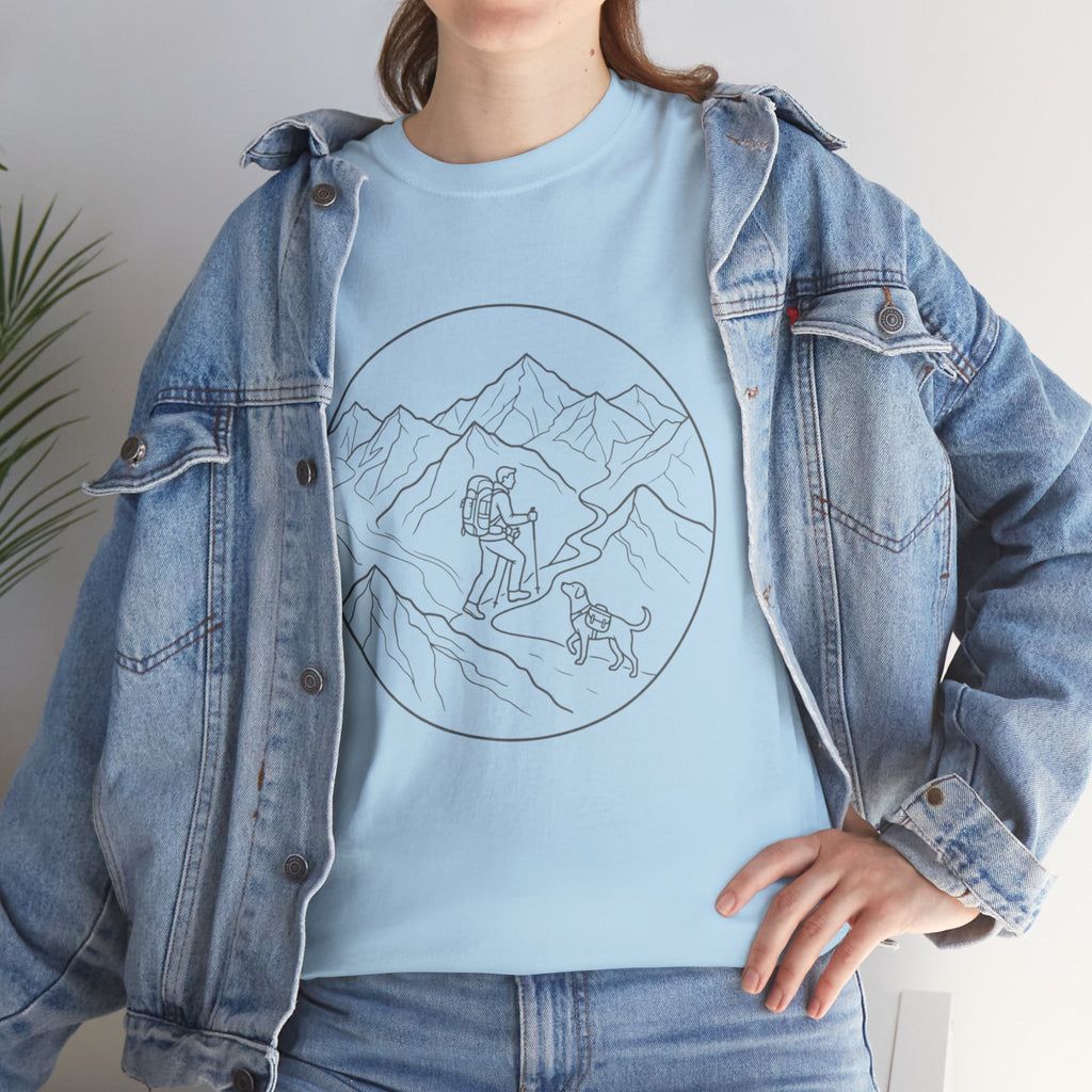 Hiker Line Art Tee — Minimal Mountain & Trail Graphic T-Shirt