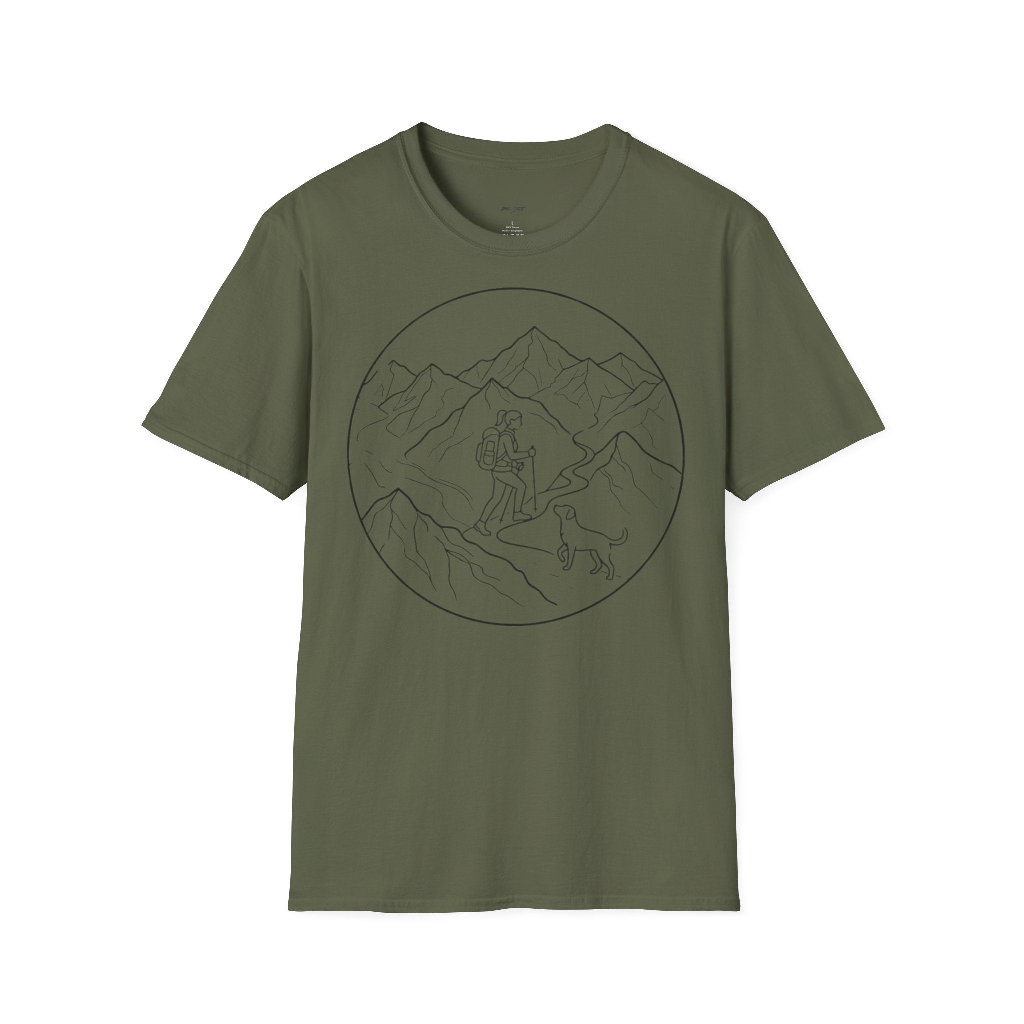 Adventure Mountain T-Shirt — Hiker & Dog Line Art