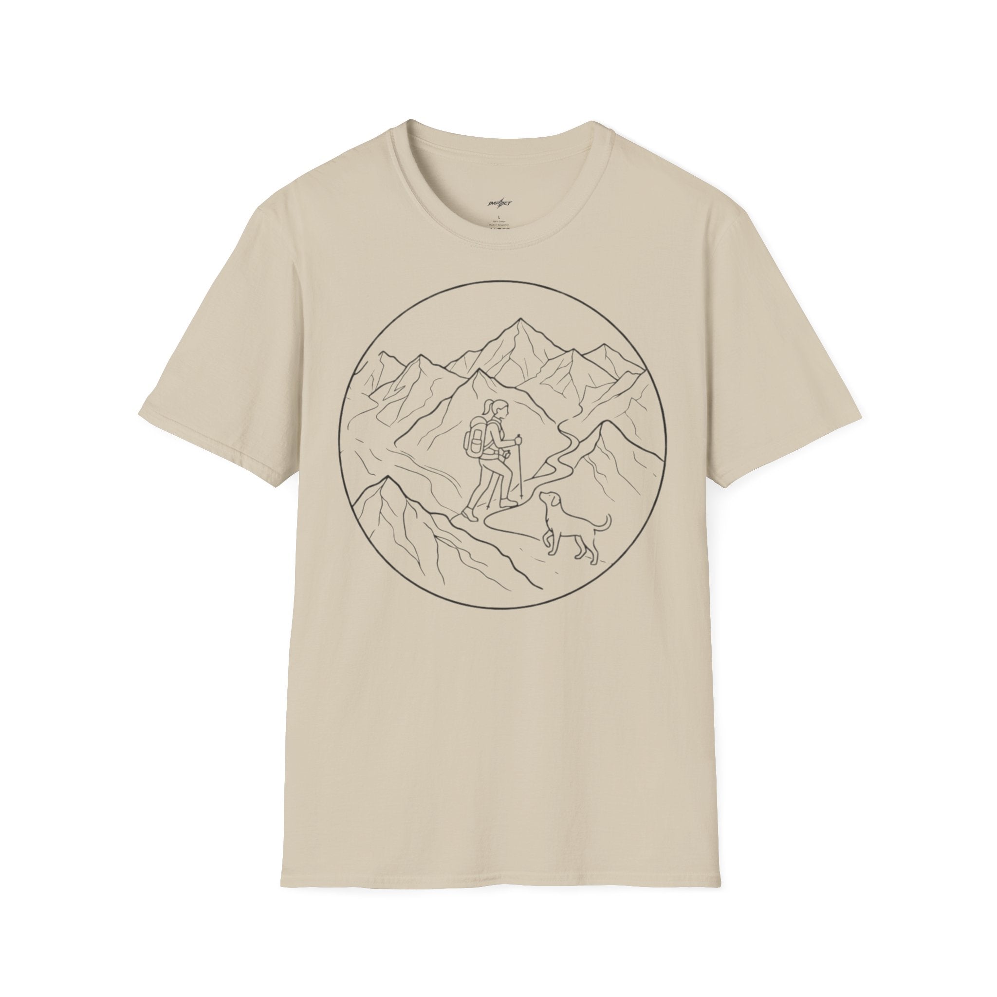 Adventure Mountain T-Shirt — Hiker & Dog Line Art