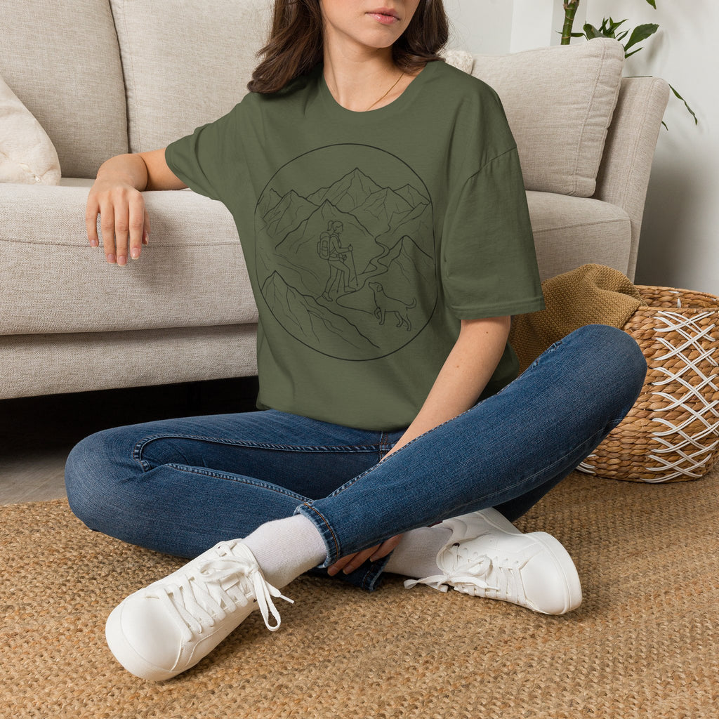 Adventure Mountain T-Shirt — Hiker & Dog Line Art