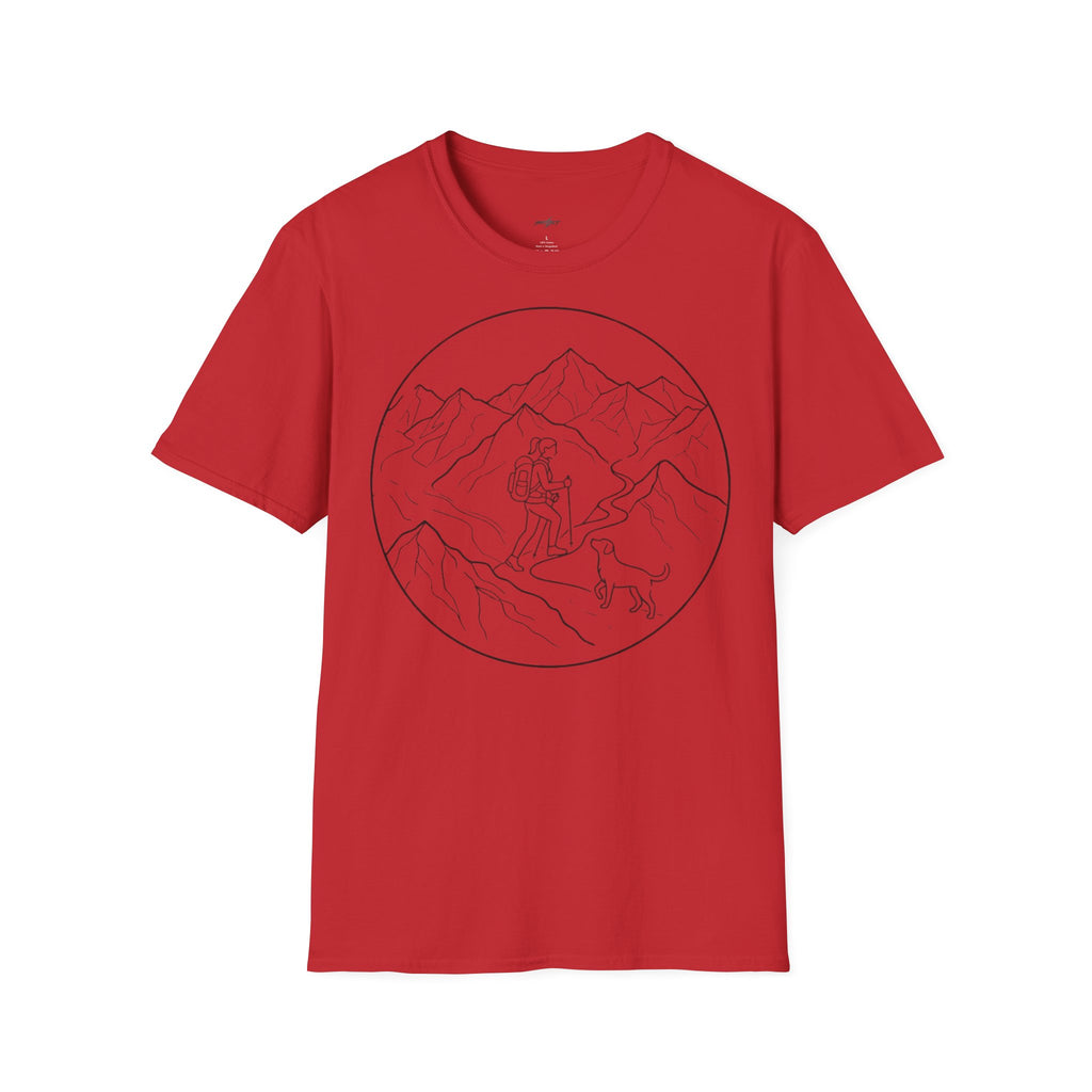 Adventure Mountain T-Shirt — Hiker & Dog Line Art