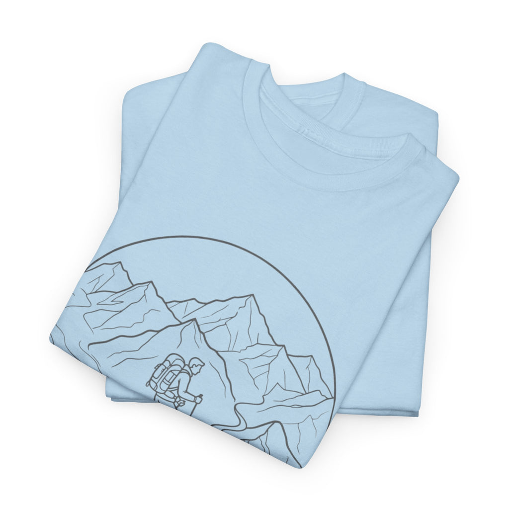 Hiker Line Art Tee — Minimal Mountain & Trail Graphic T-Shirt