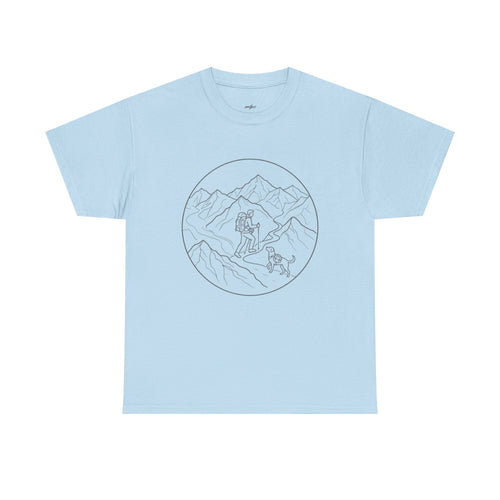 Hiker Line Art Tee — Minimal Mountain & Trail Graphic T-Shirt