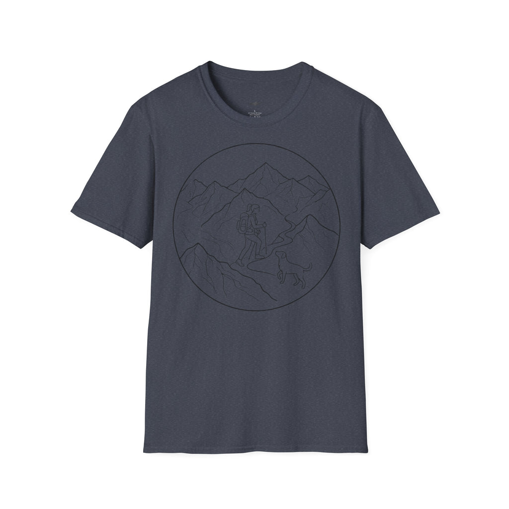 Adventure Mountain T-Shirt — Hiker & Dog Line Art