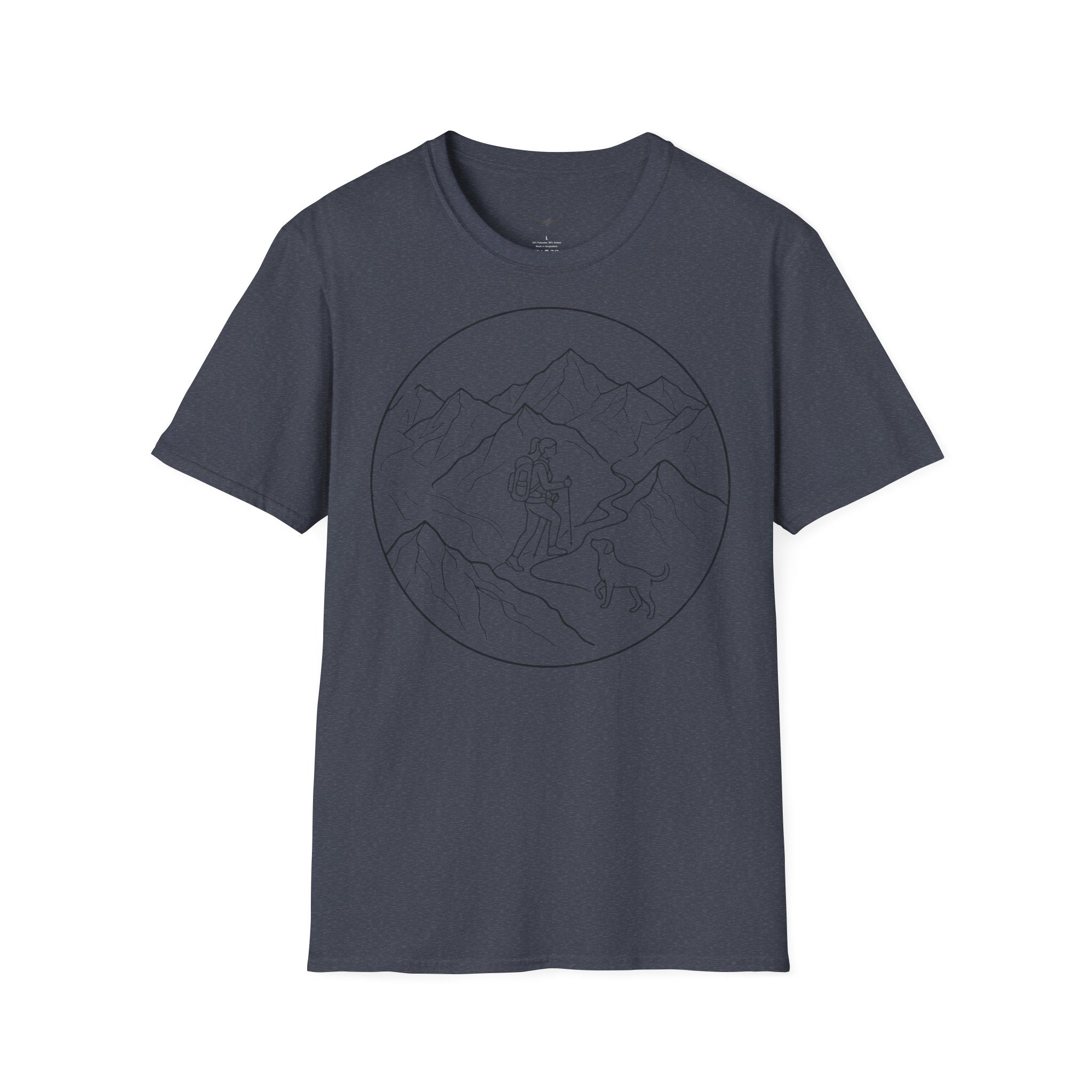 Adventure Mountain T-Shirt — Hiker & Dog Line Art