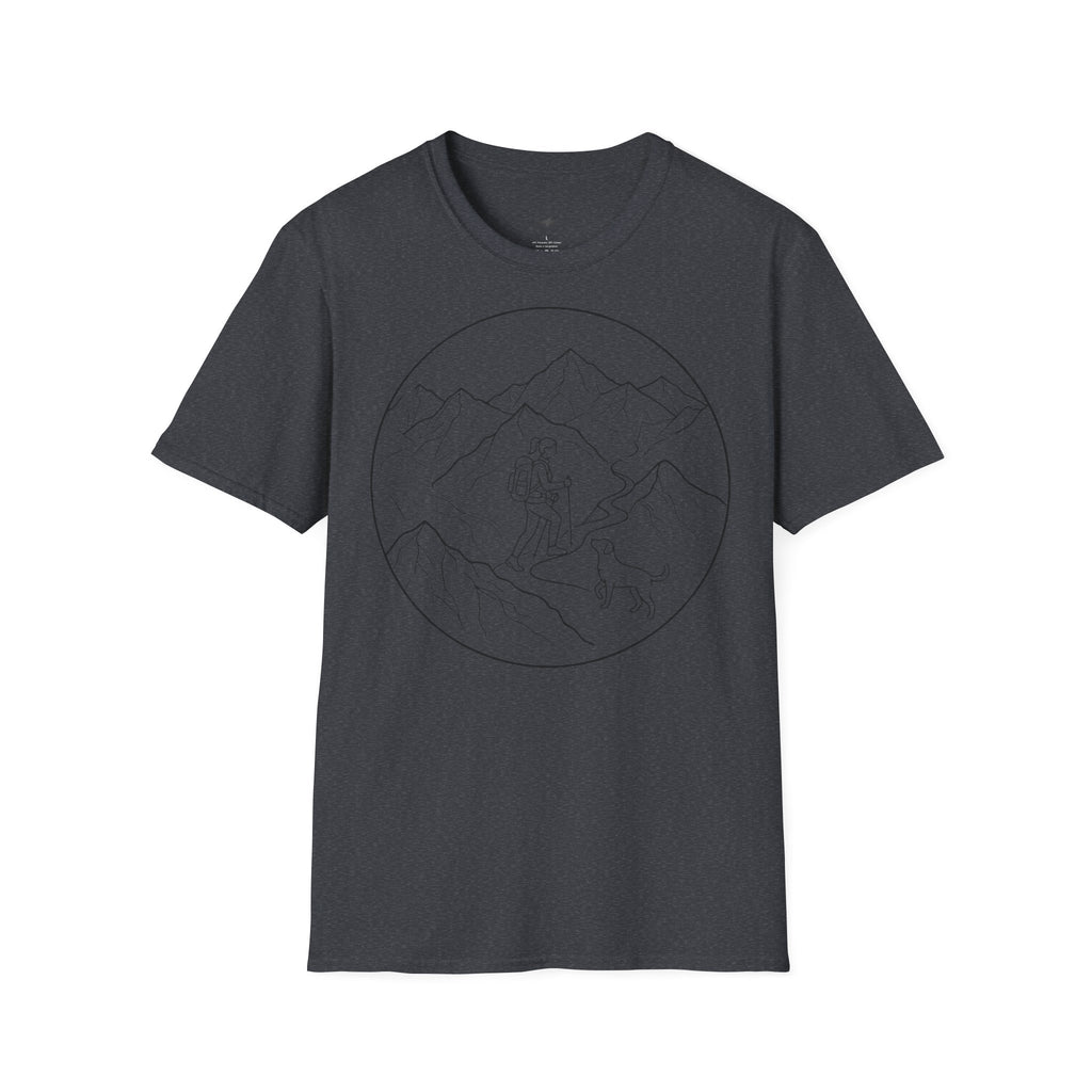 Adventure Mountain T-Shirt — Hiker & Dog Line Art