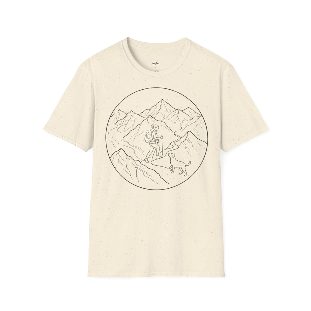 Adventure Mountain T-Shirt — Hiker & Dog Line Art