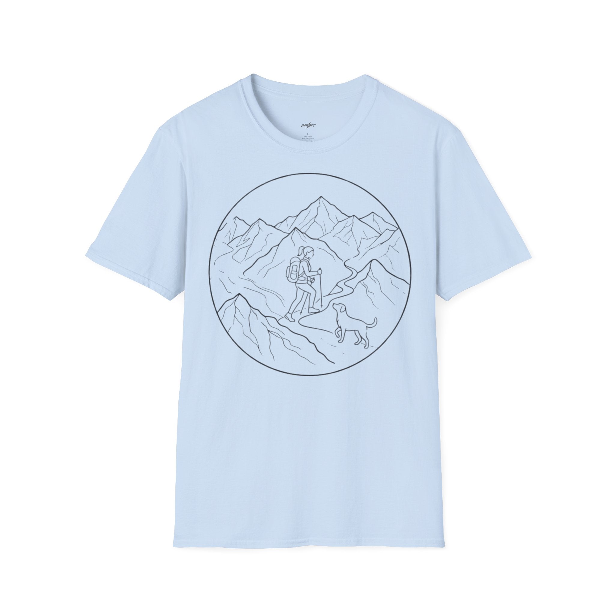 Adventure Mountain T-Shirt — Hiker & Dog Line Art