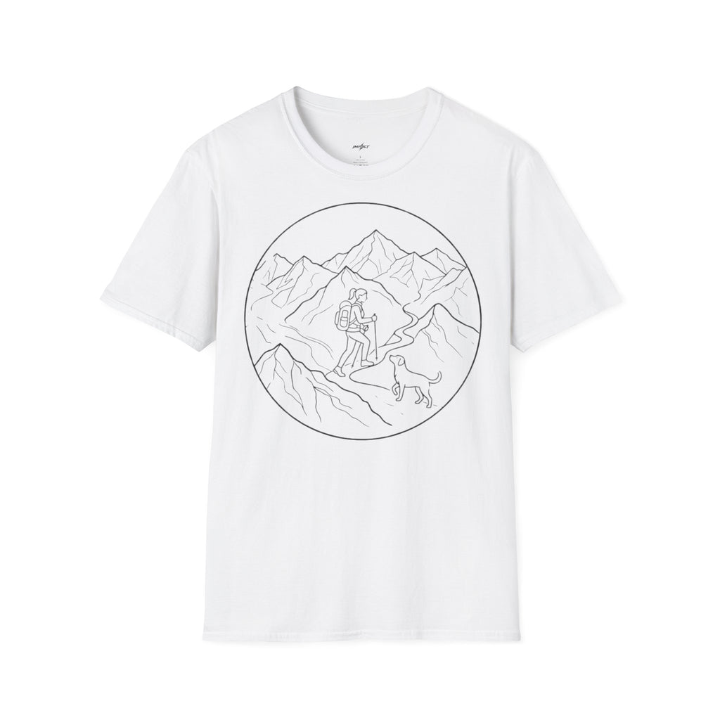 Adventure Mountain T-Shirt — Hiker & Dog Line Art