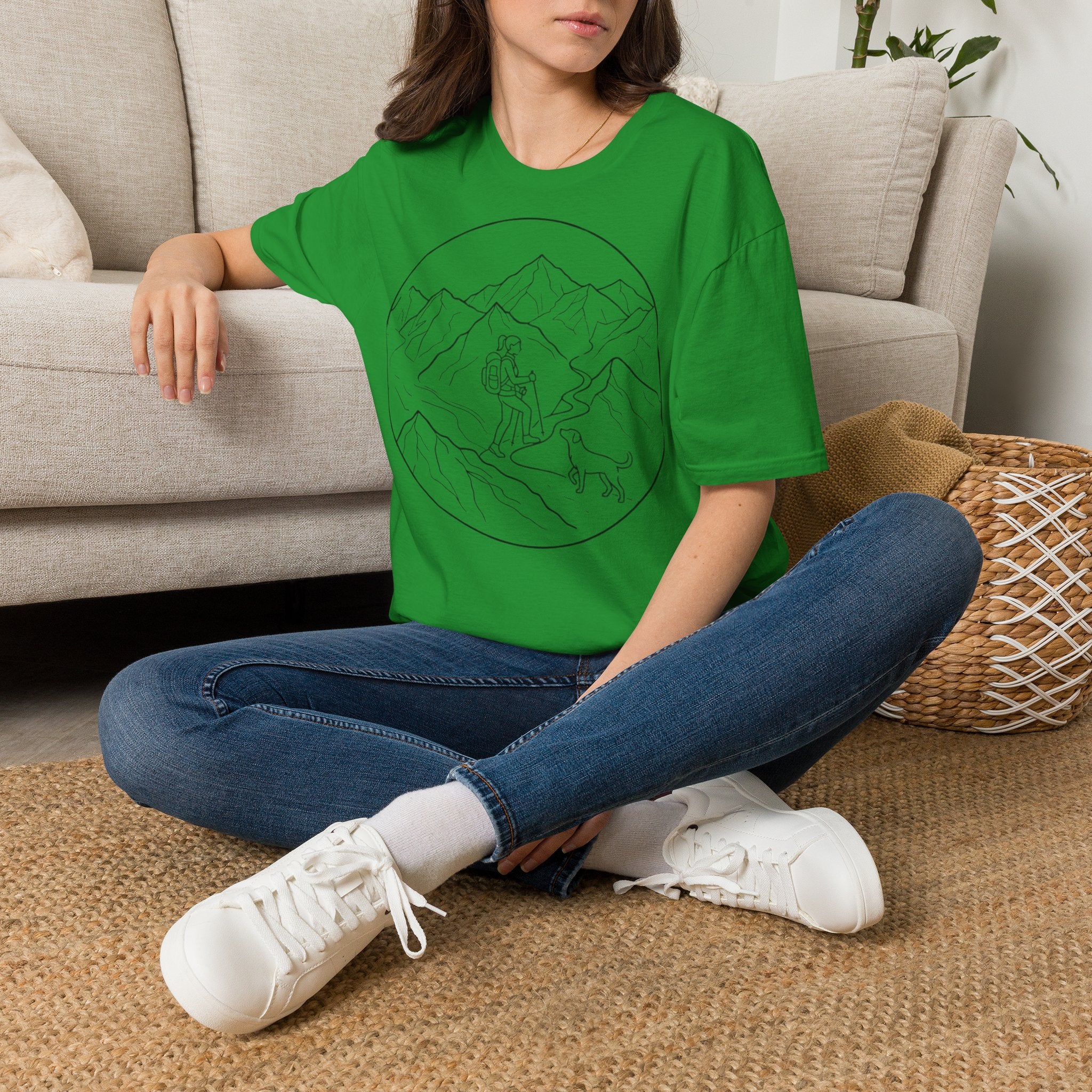 Adventure Mountain T-Shirt — Hiker & Dog Line Art