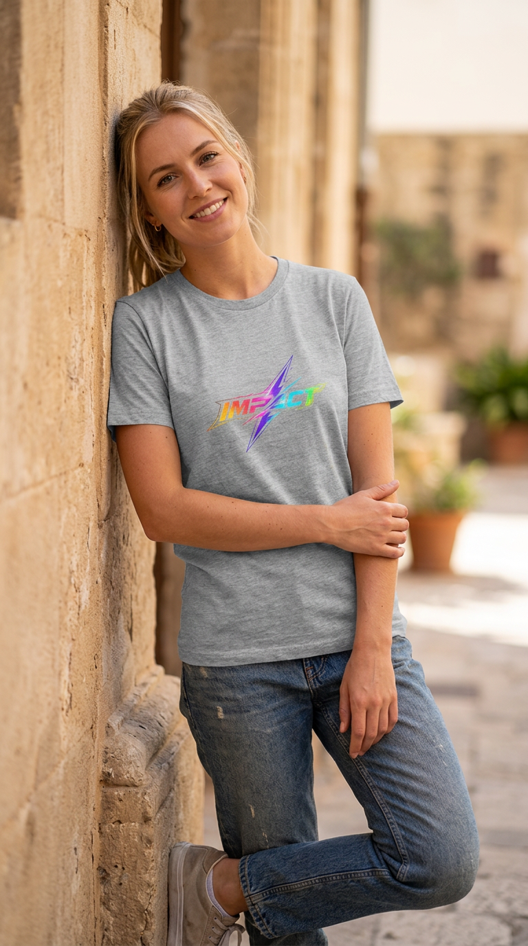 Impact  Lightning Logo T‑Shirt — Rainbow Retro Graphic Tee